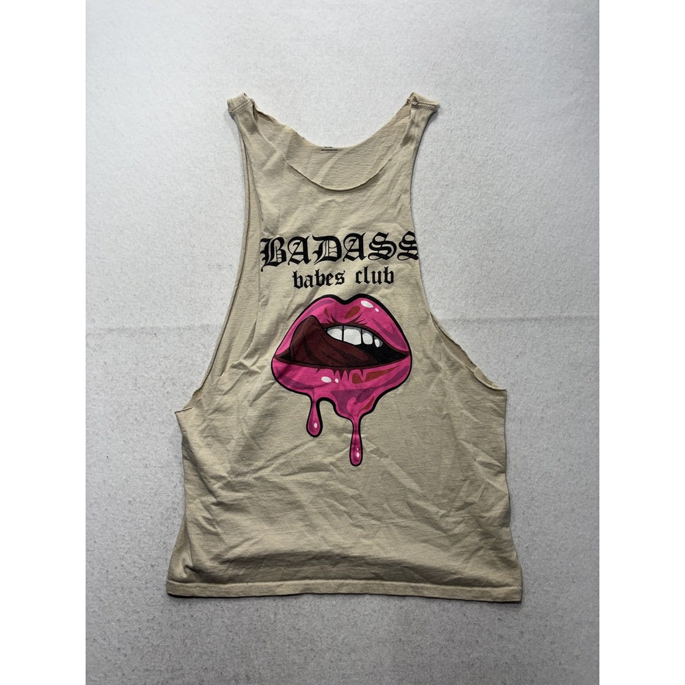 Tank Top Womens Medium Beige Scoop Neck Badass Babes Club Lips Graphic Casual